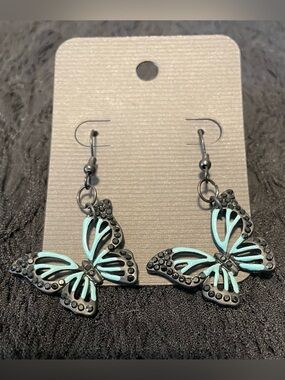 Black Metal & Aqua Butterfly Dangle Earrings with Black Rhinestone Accents